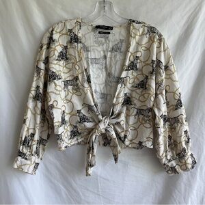 YFL Reserved tiger all over print cropped, ties front wrap style top, size US S